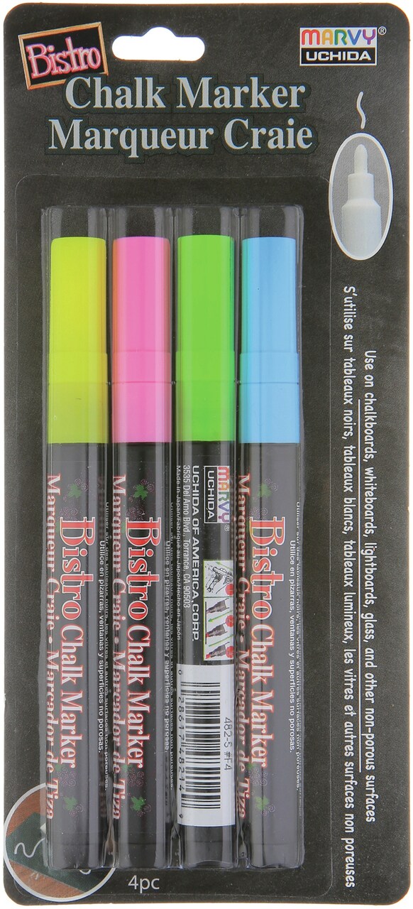 Uchida Bistro Chalk Marker Fine Point Set 4/Pkg-Fluorescent Pink, Blue, Green & Yellow